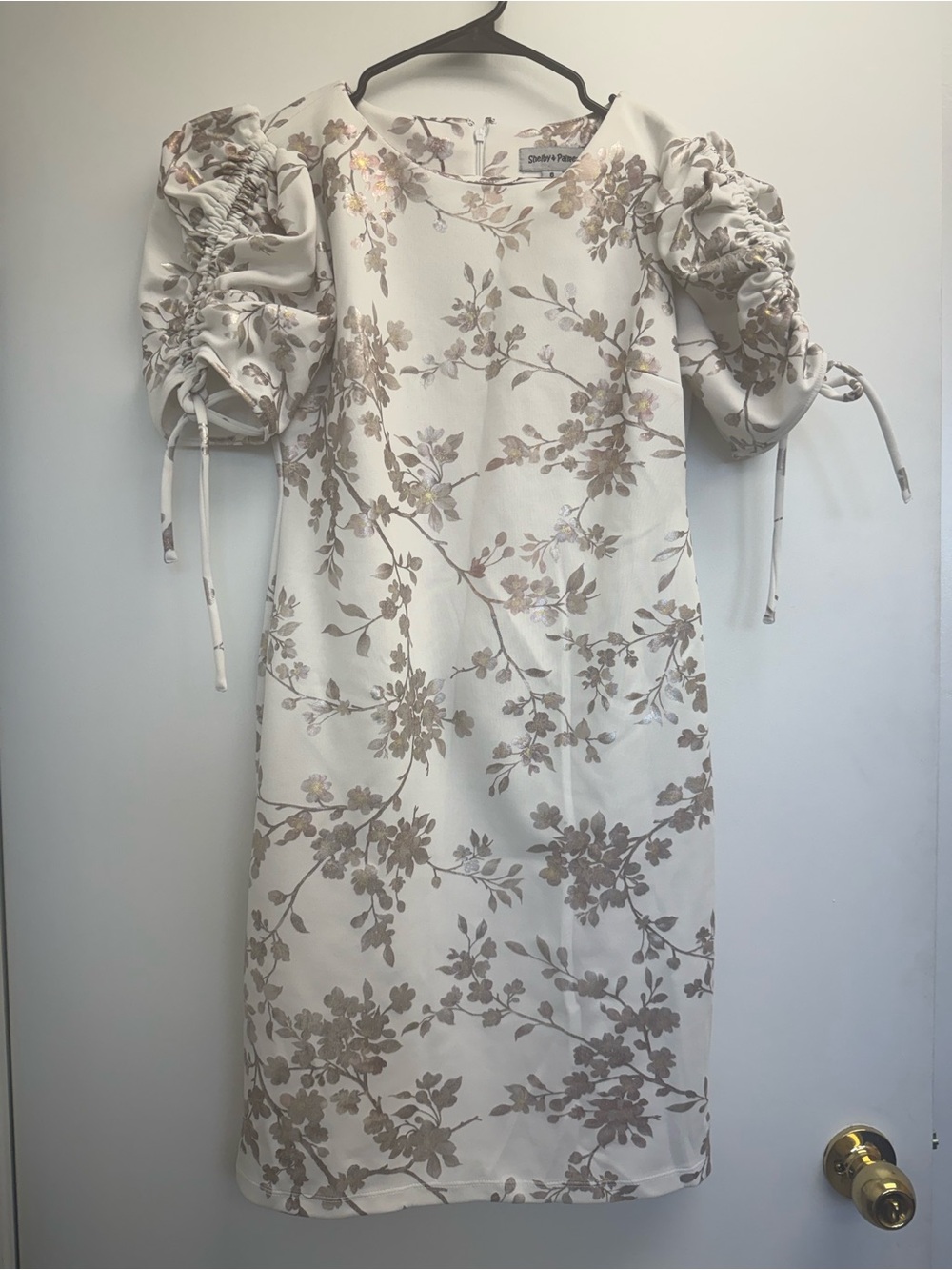 Sandro Cream Floral Jacquard Midi Dress with Ruched Puff Sleeves